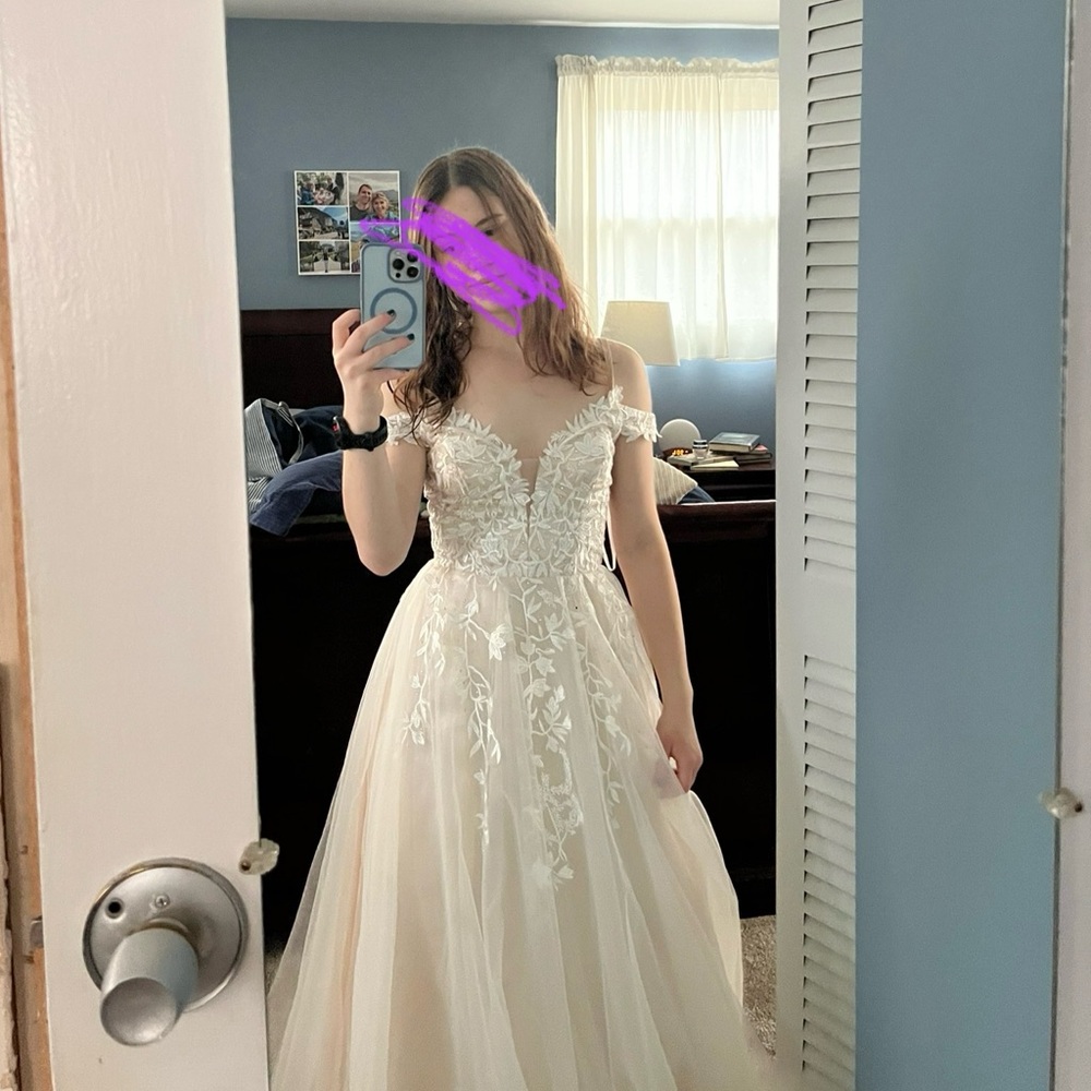 Macy's Elegant Cream Off-Shoulder Prom Dress